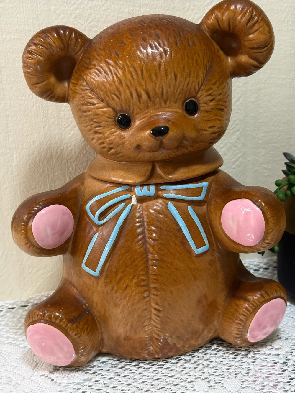 Twin Winton Ceramic Brown Teddy Bear w/Bow Cookie Jar 12